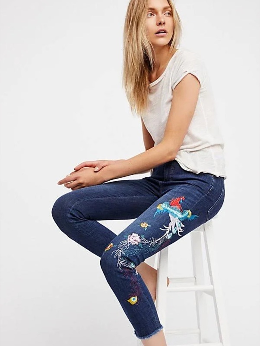 Free People Embroidered Skinny Fit Frayed Hem Jeans